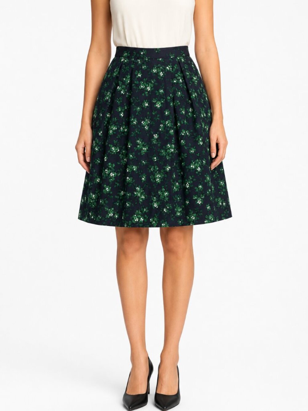 J.Crew Size 6 Navy Green Floral Pleated A-Line Skirt Cottagecore Preppy Classic